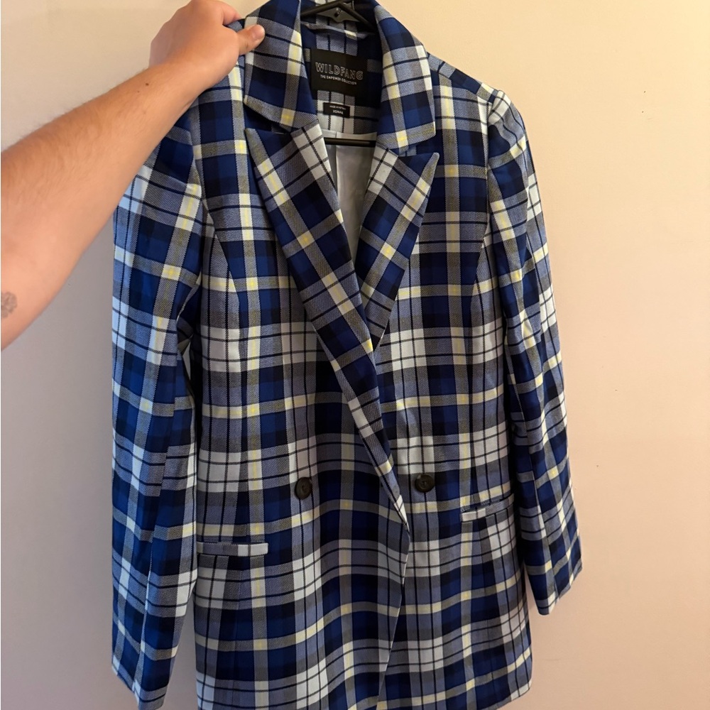 Wildfang Blue Plaid Double-Breasted Blazer